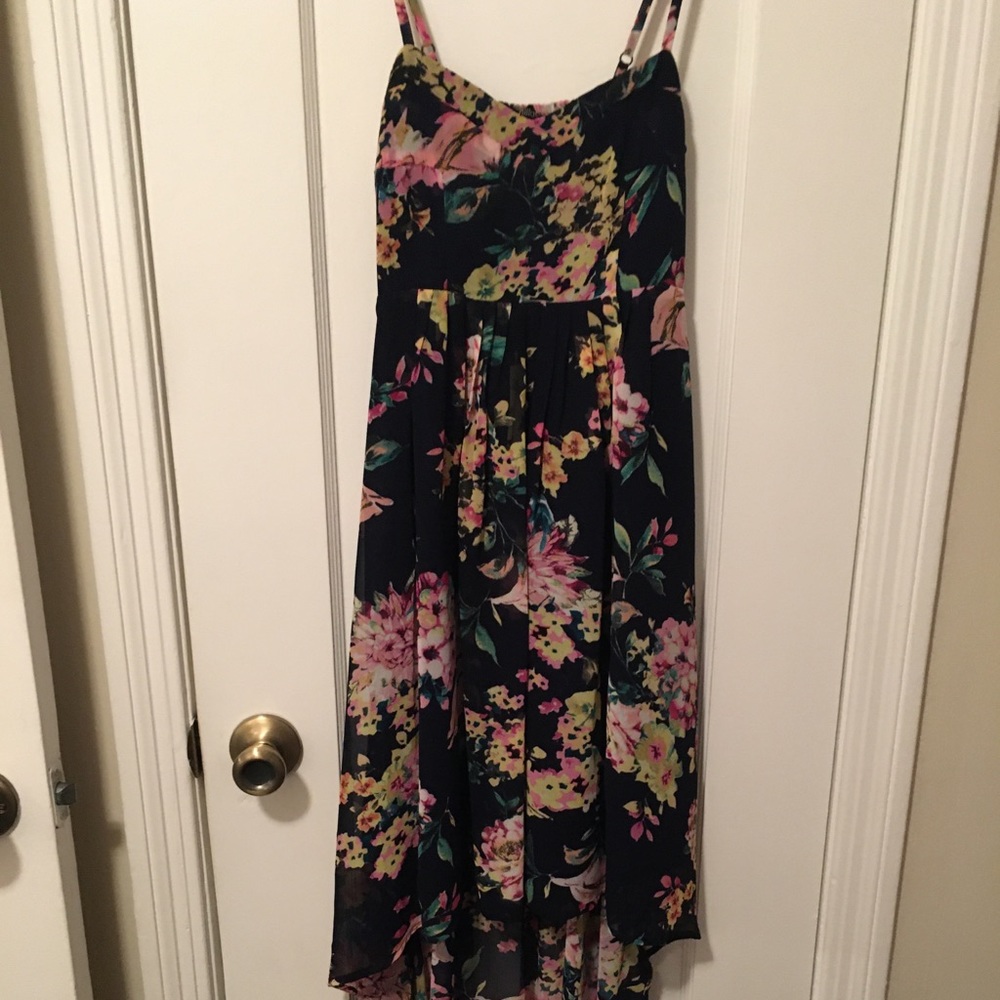 LF Boutique high-low blue sheer floral dress